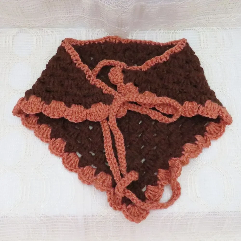 Handmade Crocheted Bandana Women Brown with Caramel Trim Boho Hippie Ruffle Edge